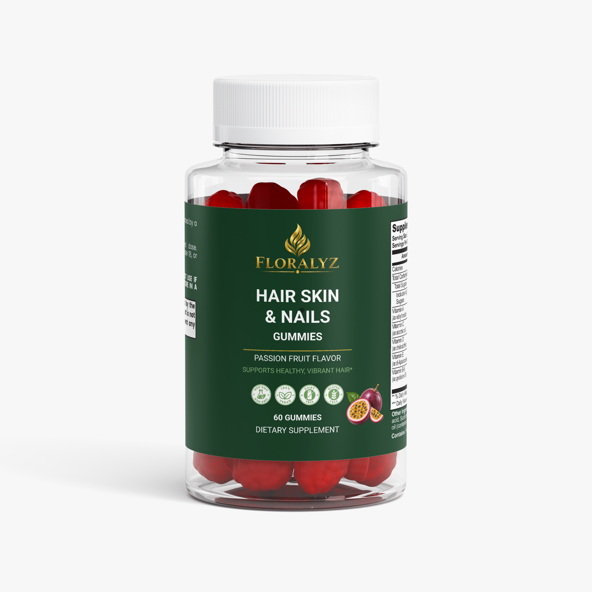 FLORALYZ Hair, Skin & Nails Gummies with Biotin & Collagen, 60 passion fruit gummies