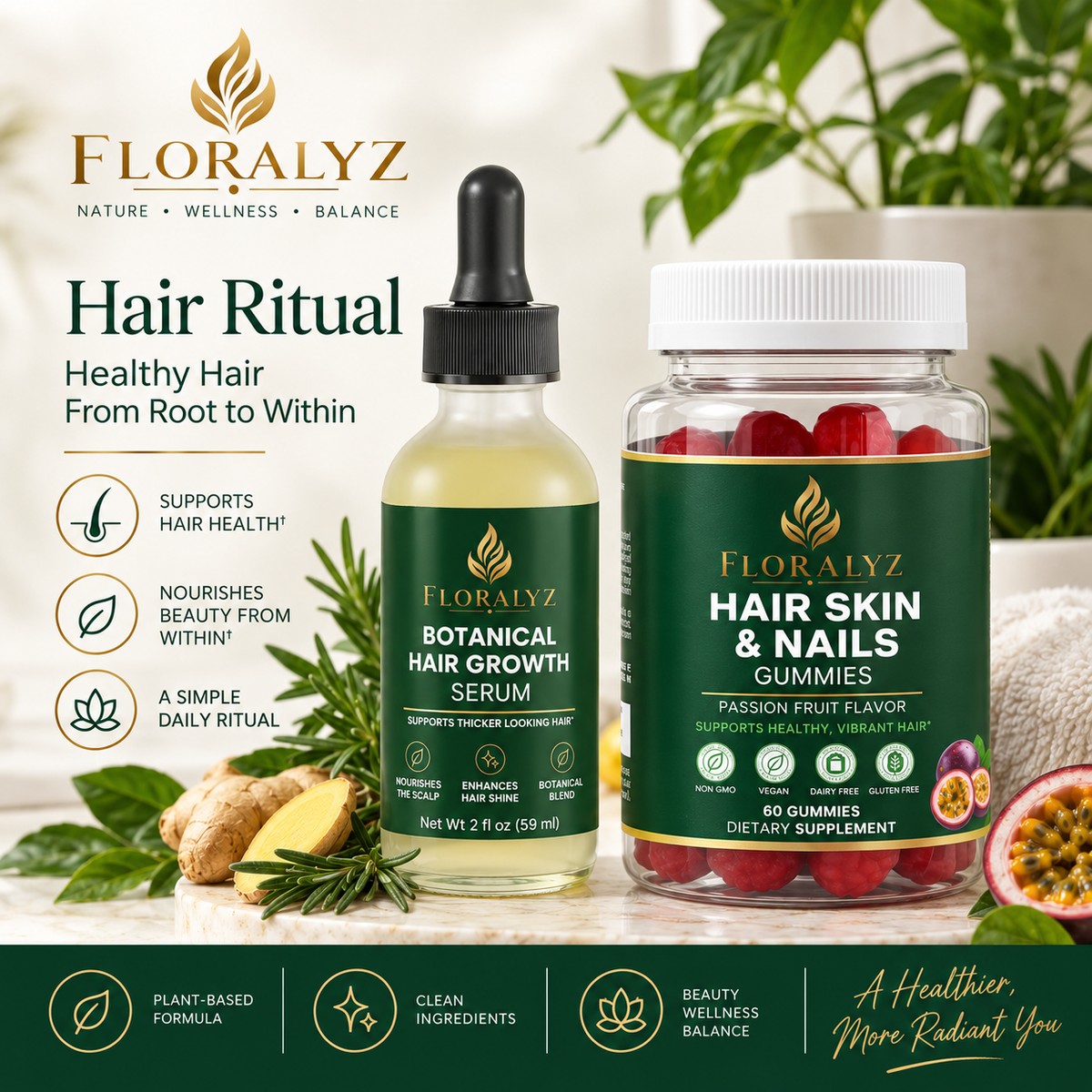 FLORALYZ Hair Care Ritual Set with Botanical Hair Serum and Hair, Skin & Nails Gummies