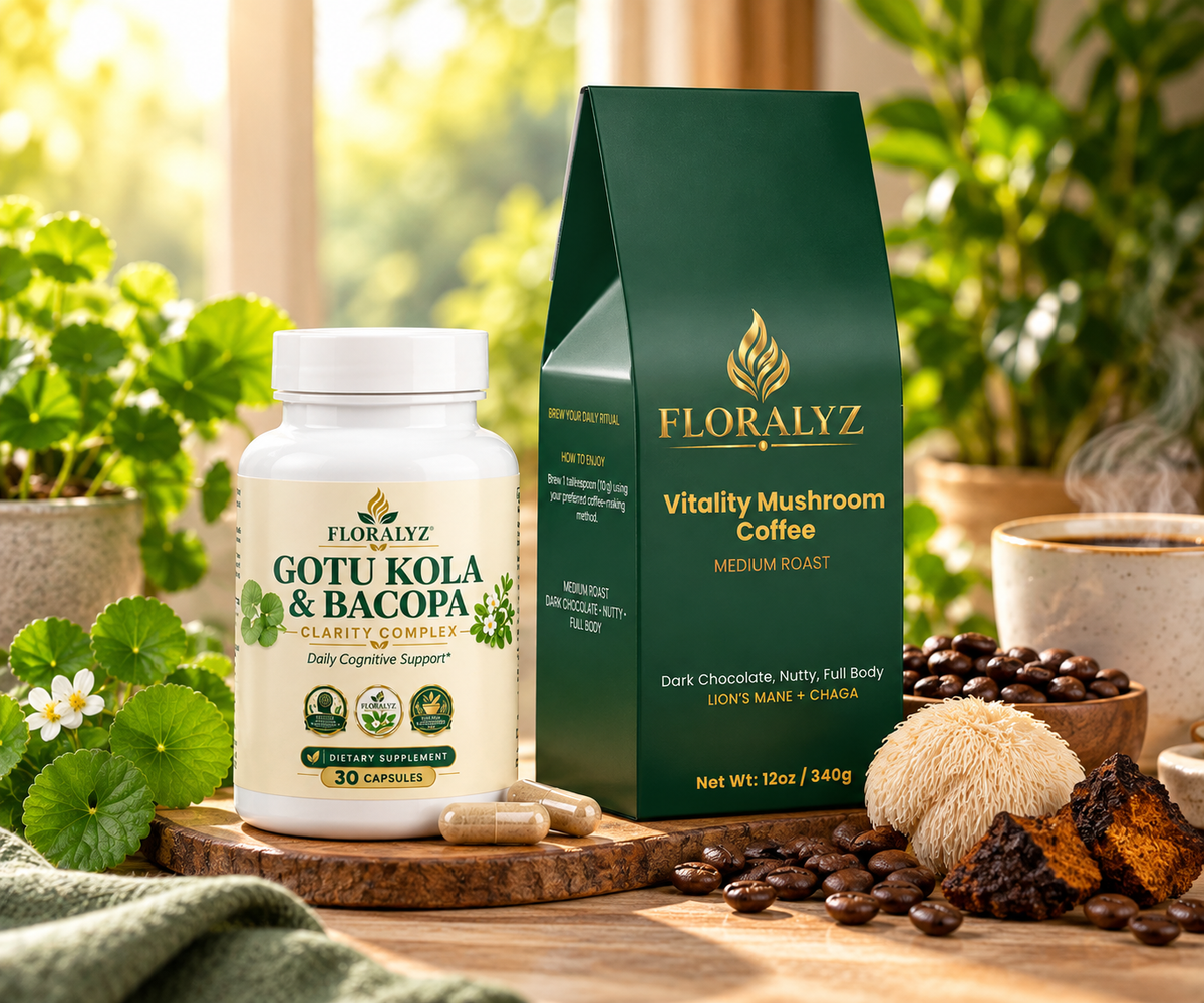 FLORALYZ Morning Focus Ritual bundle with Gotu Kola & Bacopa Clarity Complex and Vitality Mushroom Coffee