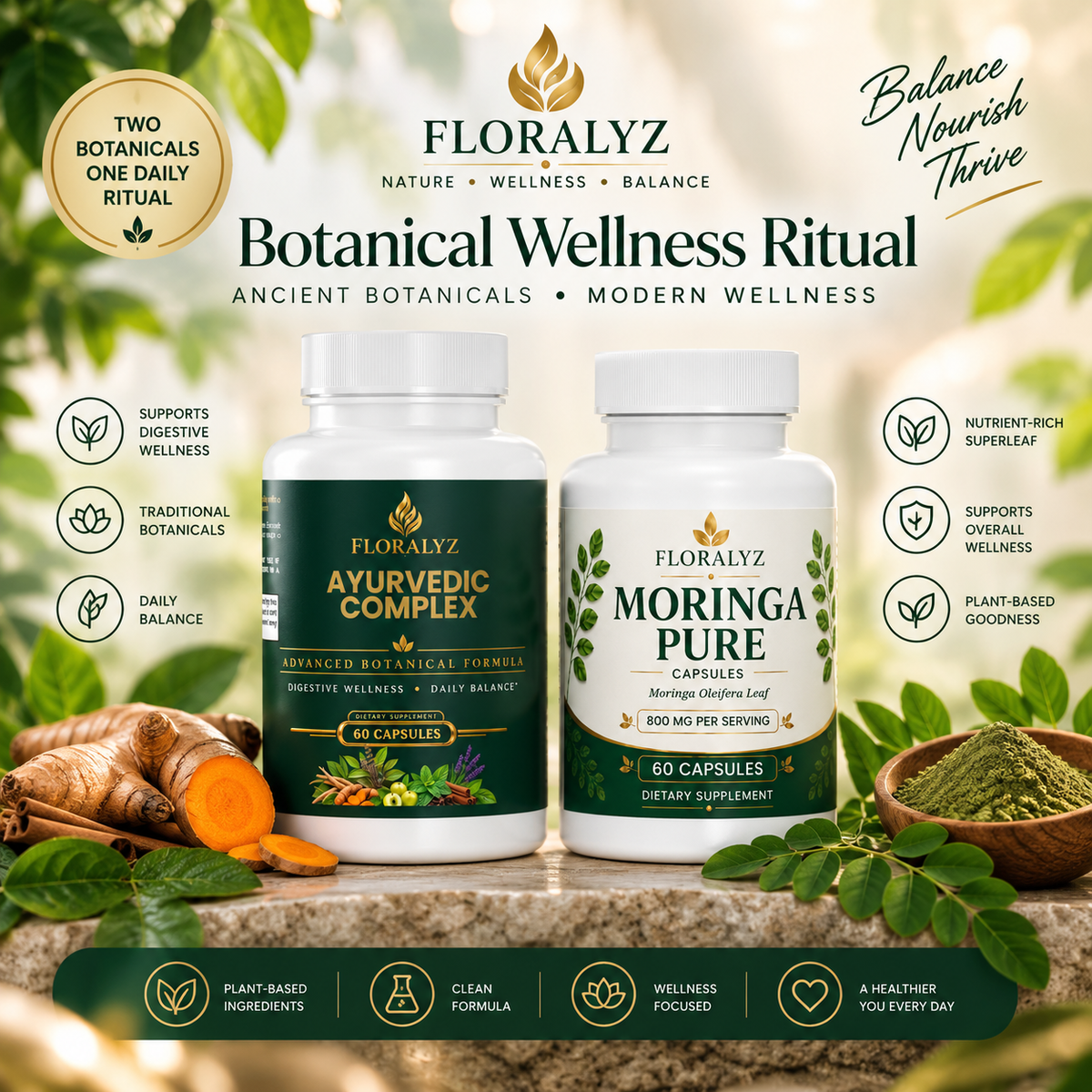 FLORALYZ Botanical Wellness Ritual bundle with Ayurvedic Complex and Moringa Pure